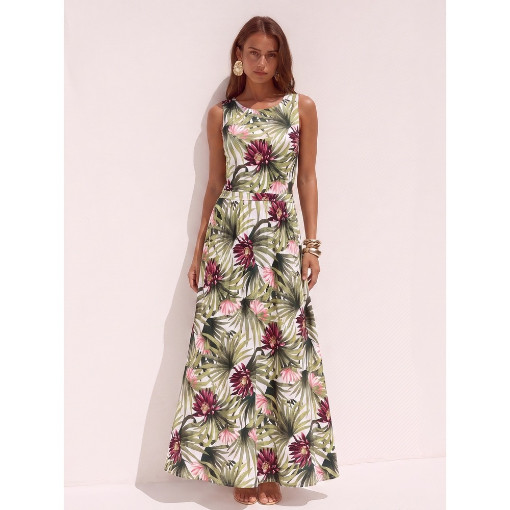 Tommy Bahama Maxi Dress Womens Size L Green Tropical Floral Sleeveless VNeck